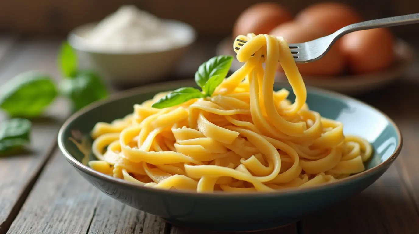 A bowl of freshly cooked gluten free pasta garnished with basil, with a fork lifting a portion.
