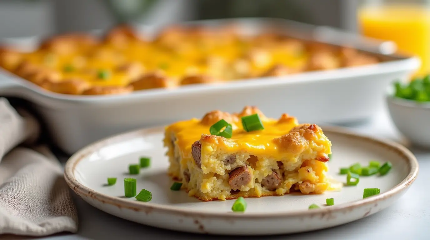Golden hash brown egg casserole topped with melted cheddar cheese and garnished with fresh green onions on a ceramic plate.