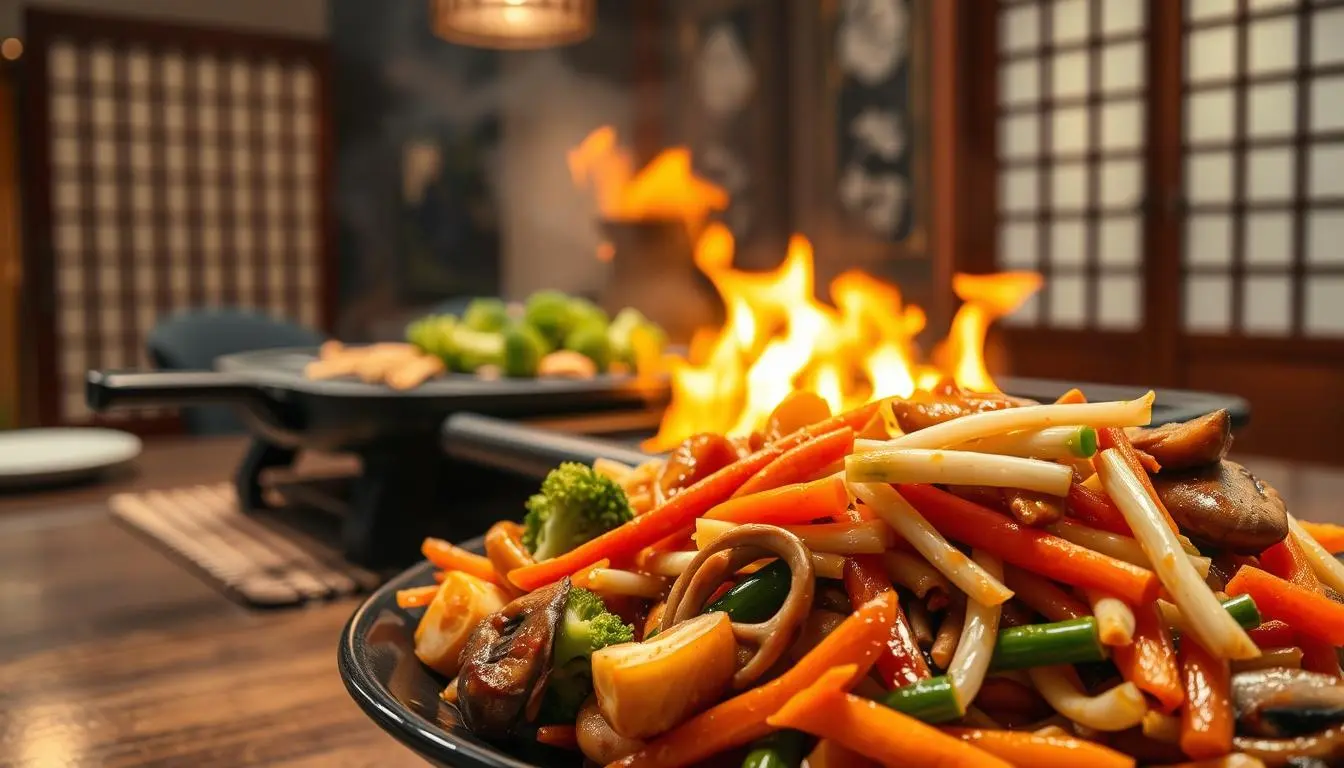 Colorful hibachi vegetables on a plate with a flaming grill in the background at a Japanese restaurant.