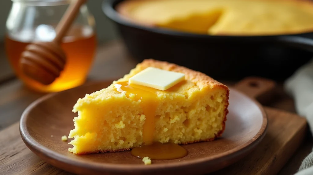 Golden Jiffy cornbread with creamed corn, baked in a cast-iron skillet, moist and slightly sweet with a crispy crust