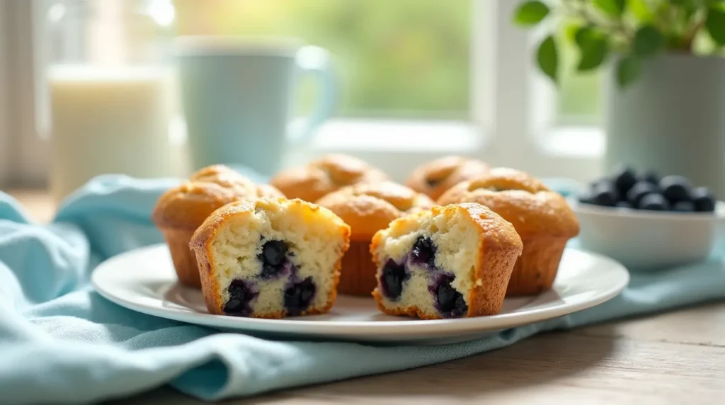 Freshly baked mini blueberry muffins recipe on a white plate, with a soft and fluffy center.