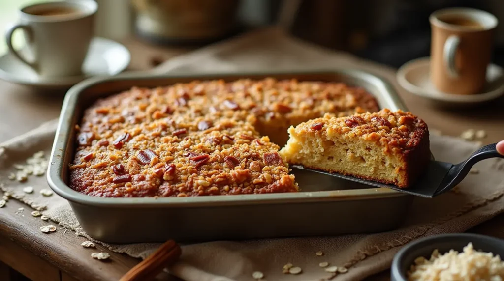 Moist oatmeal cake topped with golden-brown coconut and pecan broiled icing on a rustic plate.