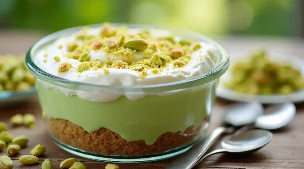 Creamy pistachio dessert with layers of fluffy pudding, whipped cream, and crushed nuts in a glass, garnished with pistachios