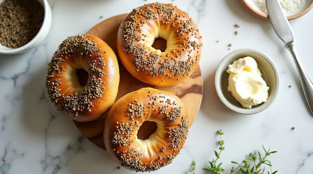 Golden brown protein bagel topped with seeds, served with a side of cream cheese on a marble surface.