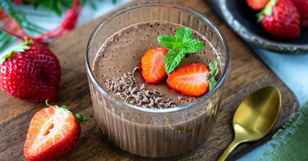 Chocolate protein pudding in a glass jar topped with sliced bananas and chia seeds