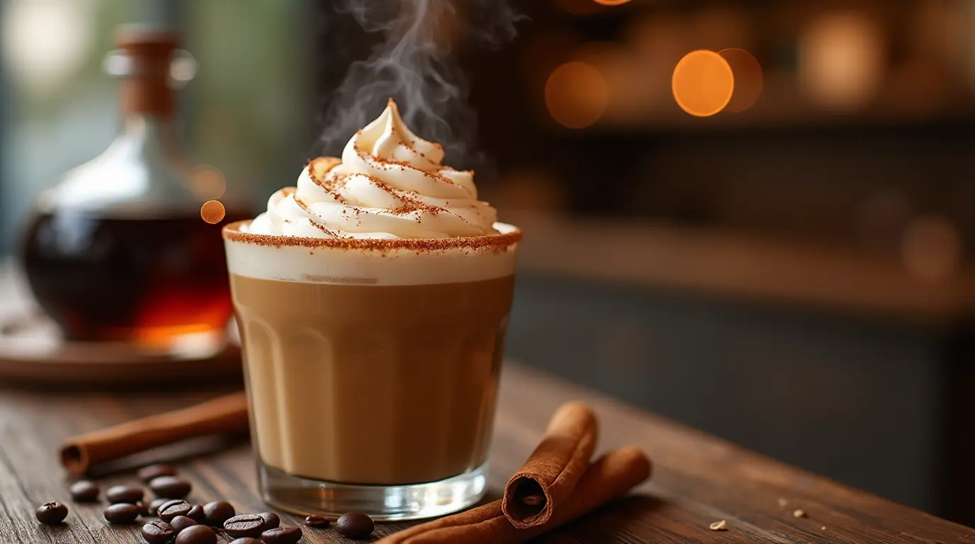 Flaming Spanish coffee cocktail with rum, Kahlúa, whipped cream, and cinnamon in a sugar-rimmed glass