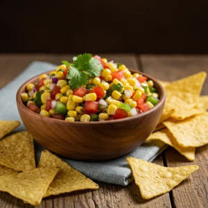 Fresh chipotle corn salsa recipe in a wooden bowl topped with cilantro, surrounded by crispy tortilla chips on a rustic wooden table.
