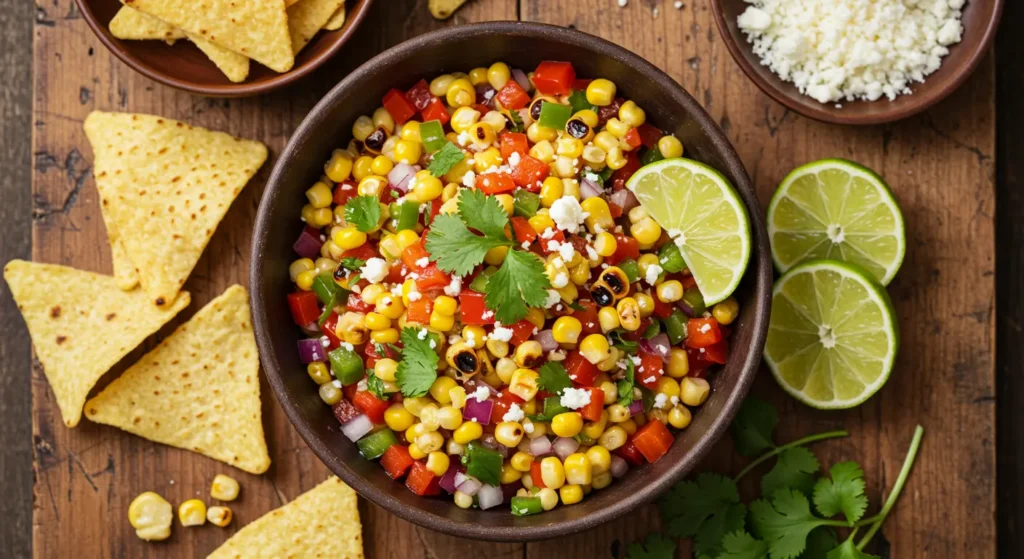 Colorful chipotle corn salsa recipe in a brown bowl garnished with cilantro and lime, surrounded by tortilla chips and crumbled cheese.