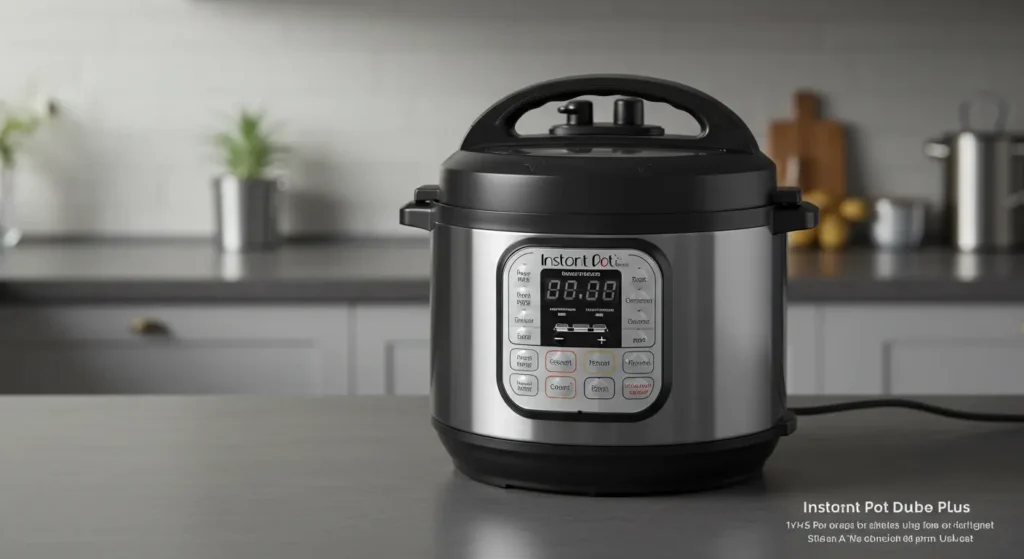 Stainless steel Instant Pot Duo Plus electric pressure cooker on a modern kitchen counter.