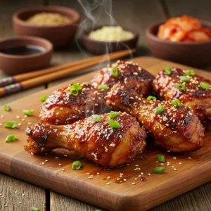 Sticky BBQ Korean chicken drumsticks garnished with sesame seeds and chopped green onions on a wooden board.