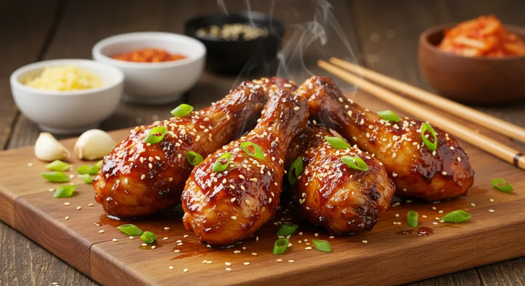 Sticky BBQ Korean chicken drumsticks garnished with sesame seeds and chopped green onions on a wooden board.