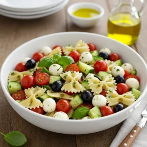 Fresh bow tie pasta salad with cherry tomatoes, mozzarella balls, black olives, cucumber, and basil in a white bowl.