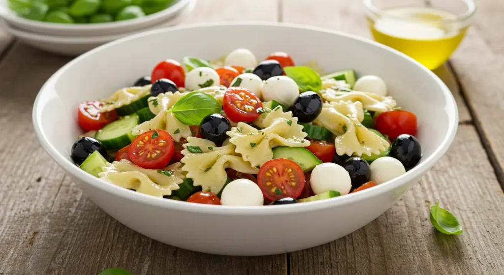 Fresh bow tie pasta salad with cherry tomatoes, mozzarella balls, black olives, cucumber, and basil in a white bowl.