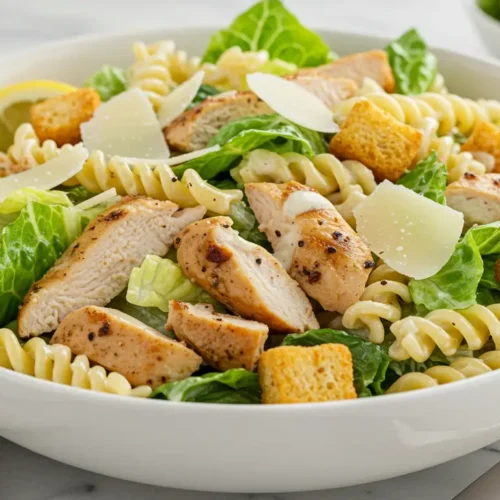 Chicken Caesar pasta salad with grilled chicken, romaine, and creamy dressing.