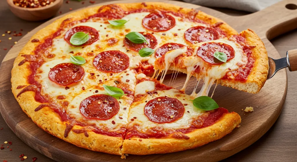 Slice of pepperoni chicken crust pizza recipe being lifted from a whole pie on a wooden board.