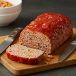 Sliced chicken meatloaf recipe with tomato glaze, mashed potatoes, and parsley garnish.