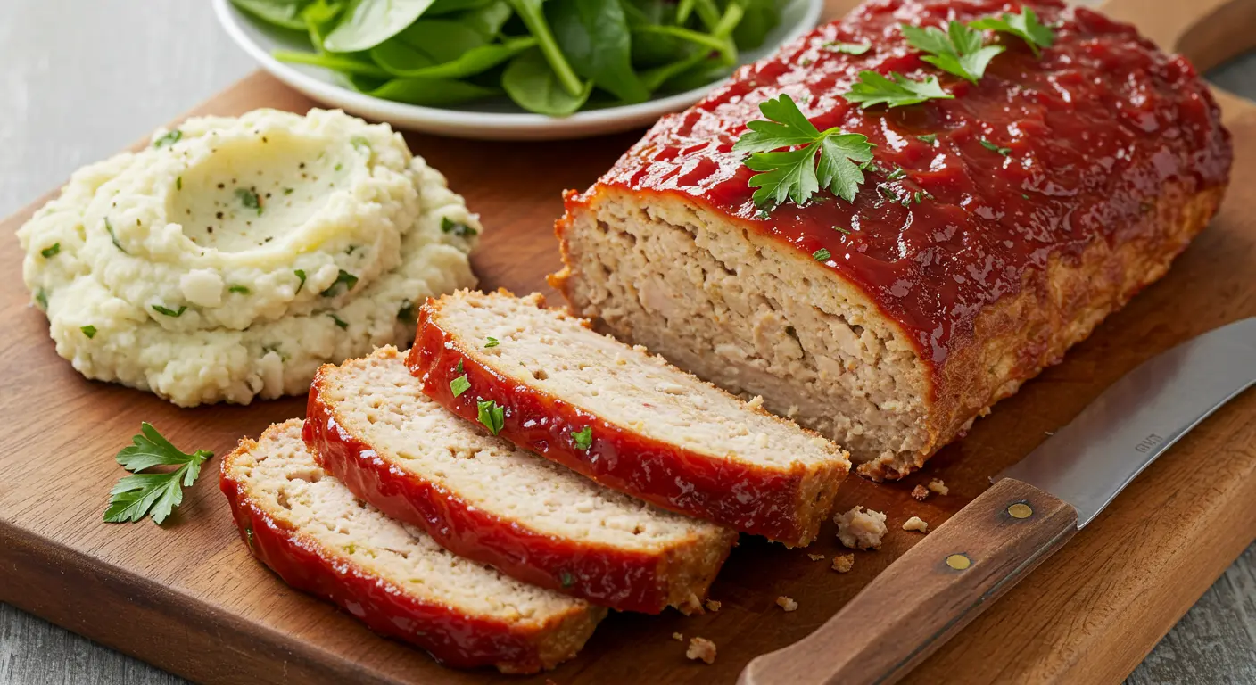 Sliced chicken meatloaf recipe with tomato glaze, mashed potatoes, and parsley garnish.