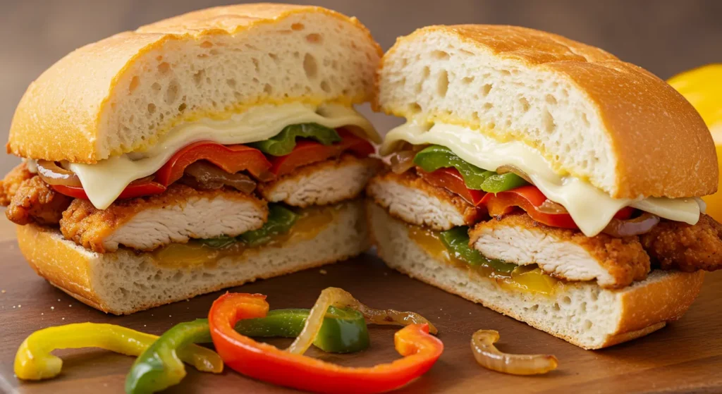 Sliced Chicken Philly Cheesesteak recipe sandwich filled with peppers, onions, and melted cheese.