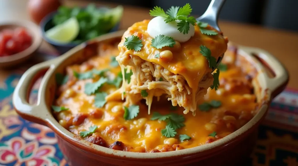 Cheesy chicken taco casserole topped with sour cream and fresh cilantro in a ceramic baking dish.