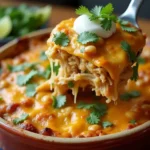 Cheesy chicken taco casserole topped with sour cream and fresh cilantro in a ceramic baking dish.