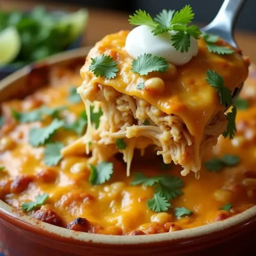 Cheesy chicken taco casserole topped with sour cream and fresh cilantro in a ceramic baking dish.