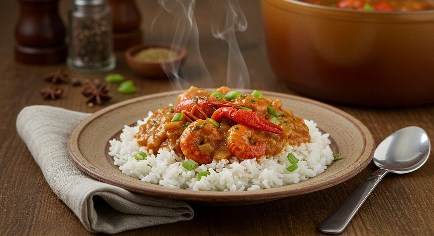 Crawfish etouffee recipe served over white rice, topped with whole crawfish and chopped green onions in a white bowl.
