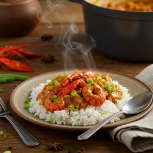 Crawfish etouffee recipe served over white rice, topped with whole crawfish and chopped green onions in a white bowl.