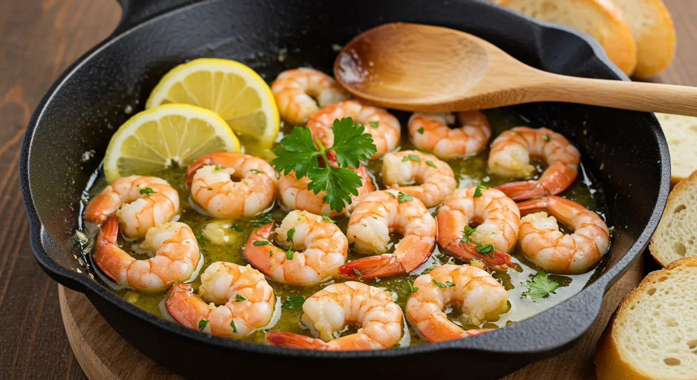 Garlic butter shrimp in a cast-iron skillet with lemon slices and fresh parsley.