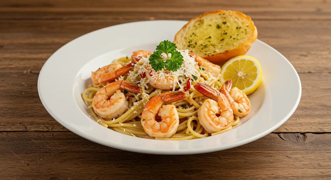 Garlic shrimp pasta recipe topped with grated cheese, parsley, and served with garlic bread and lemon slice.