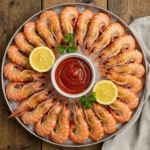 Chilled boiled shrimp arranged in a circular pattern around cocktail sauce with lemon wedges on a serving platter.
