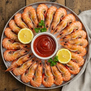 Chilled boiled shrimp arranged in a circular pattern around cocktail sauce with lemon wedges on a serving platter.