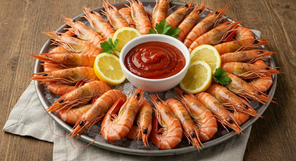 Chilled how to boil shrimp arranged in a circular pattern around cocktail sauce with lemon wedges on a serving platter.