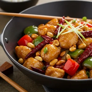 Spicy kung pao chicken with bell peppers, peanuts, and dried chilies in a wok.