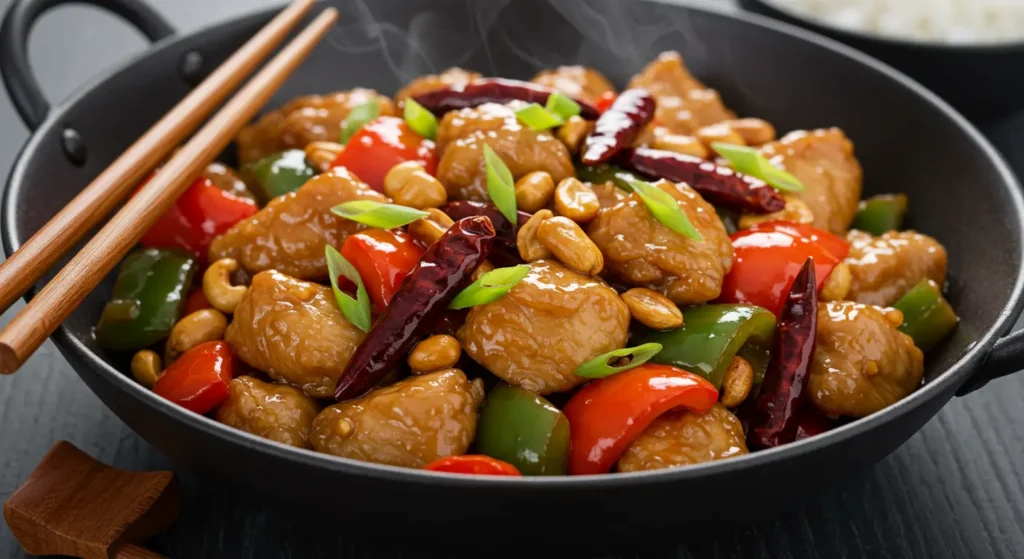 Spicy kung pao chicken recipe with bell peppers, peanuts, and dried chilies in a wok.