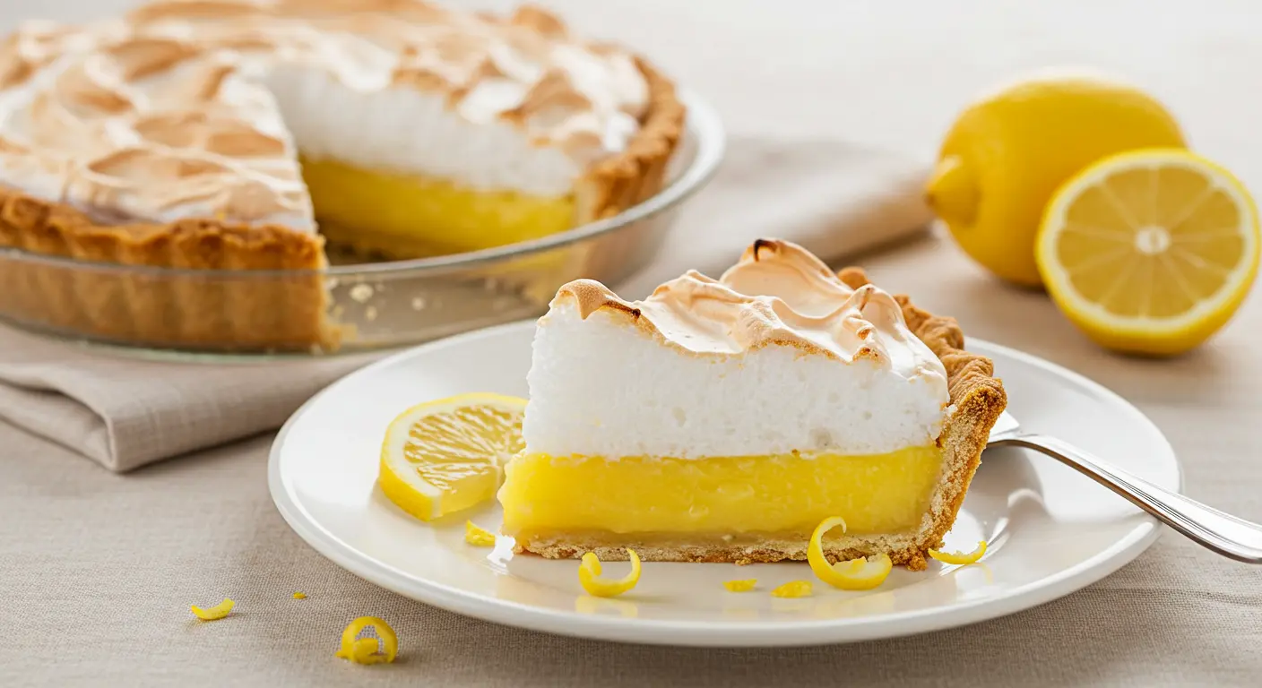 Slice of lemon meringue pie with golden-brown topping and lemon garnish.