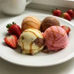 Scoops of strawberry, vanilla, and chocolate Neapolitan ice cream garnished with fresh strawberries and caramel drizzle on a white plate.