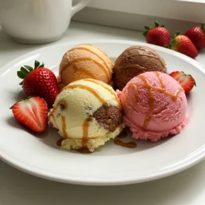 Scoops of strawberry, vanilla, and chocolate Neapolitan ice cream garnished with fresh strawberries and caramel drizzle on a white plate.