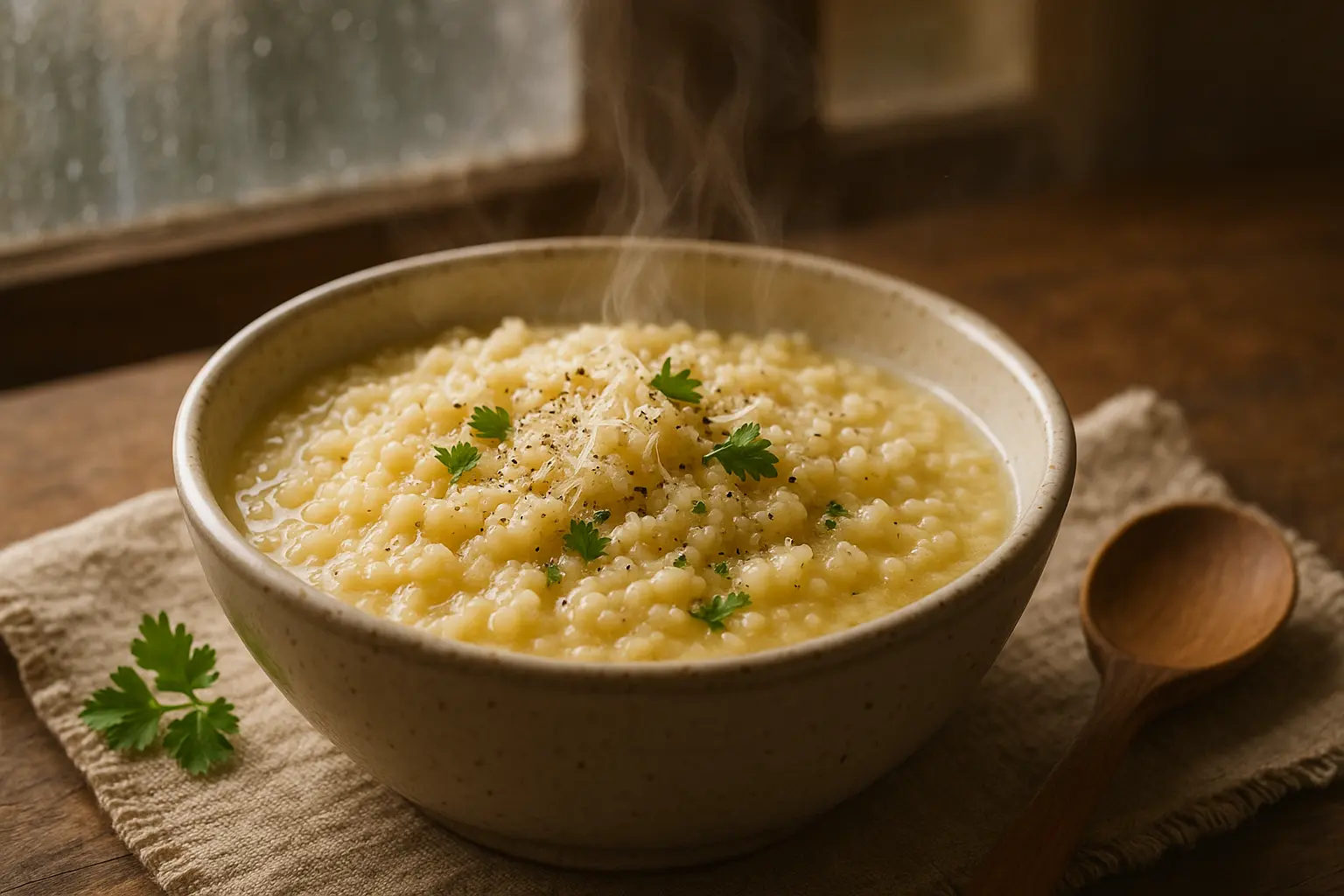 Steaming bowl of creamy pastina recipe topped with grated cheese and parsley.