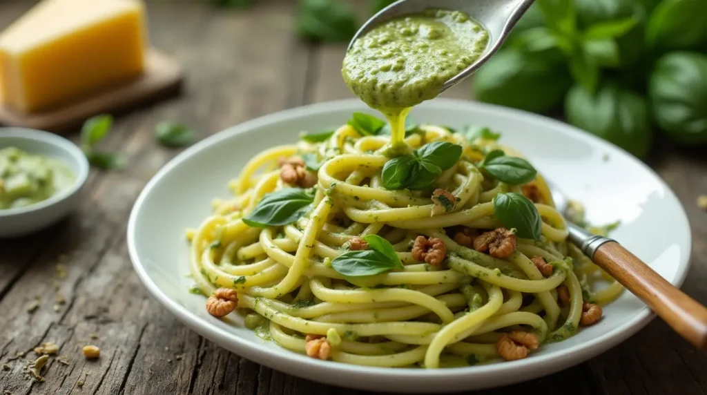 Pasta topped with creamy pesto sauce, garnished with fresh basil leaves and walnuts on a white plate.