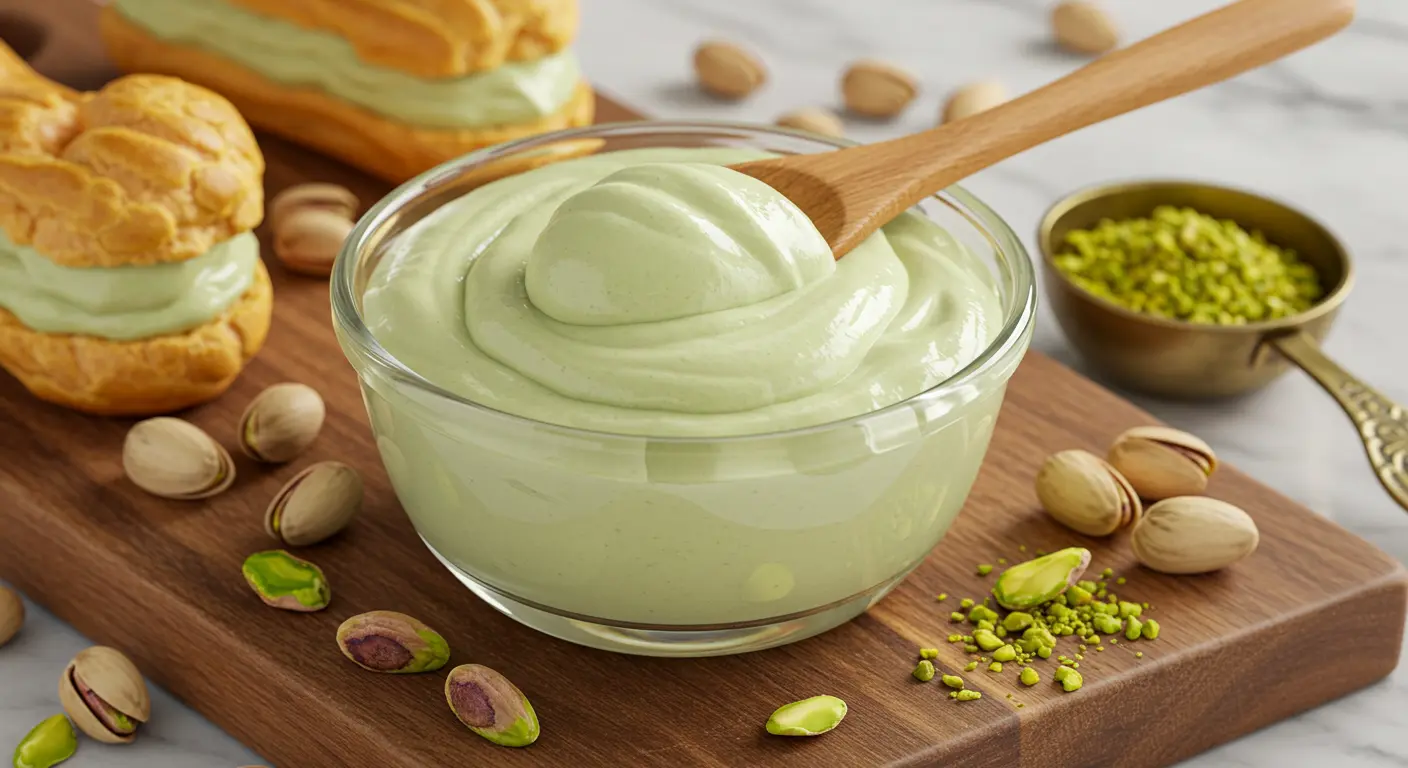 Smooth pistachio cream recipe in a glass bowl with a wooden spoon, surrounded by pistachios and cream puffs.