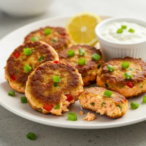 Golden-brown salmon cakes recipe garnished with green onions and served with lemon slices and a creamy dipping sauce.