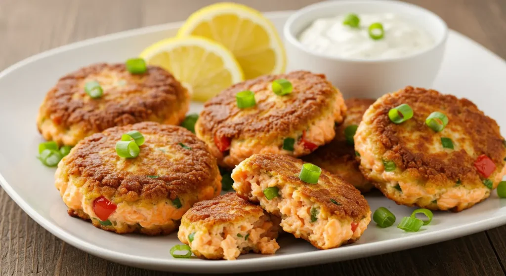 Golden-brown salmon cakes recipe garnished with green onions and served with lemon slices and a creamy dipping sauce.