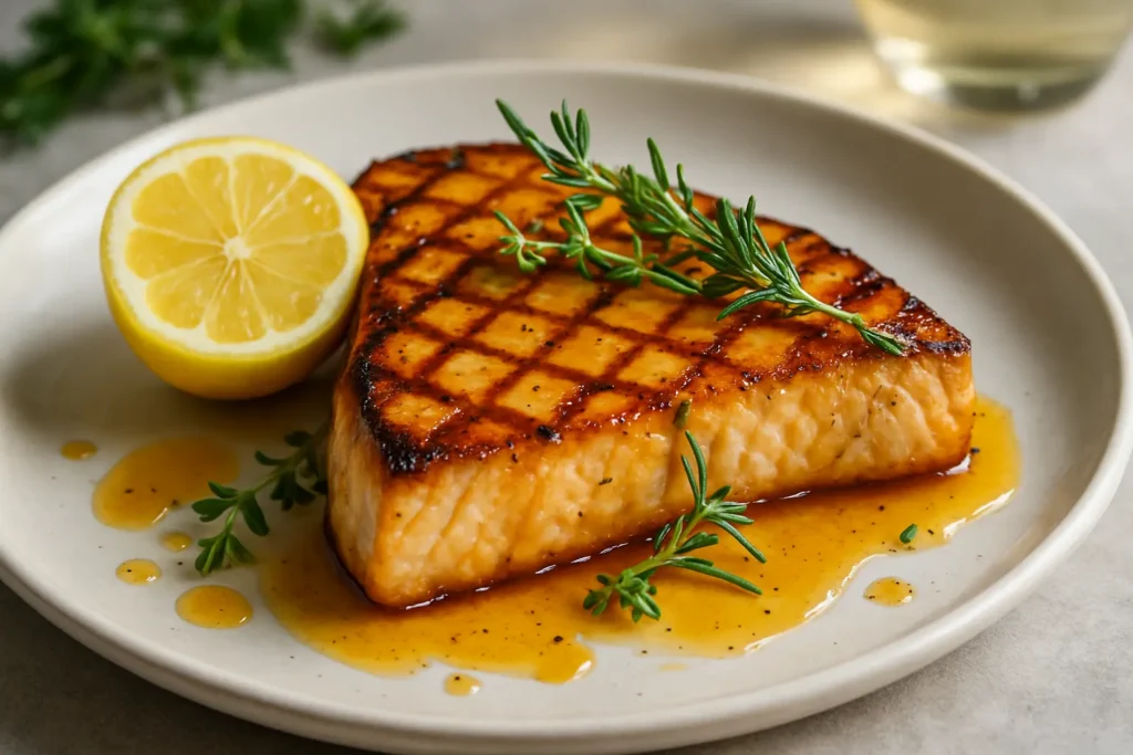 Grilled swordfish recipe steak with lemon herb glaze and rosemary garnish.