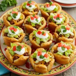Mini taco cupcakes recipe topped with lettuce, sour cream, diced tomatoes, and cilantro on a festive plate.