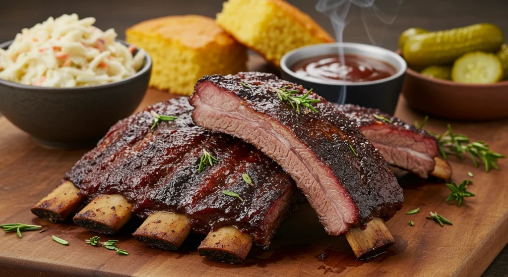 Smoked beef ribs recipe with barbecue sauce, coleslaw, cornbread, and pickles served on a wooden board.