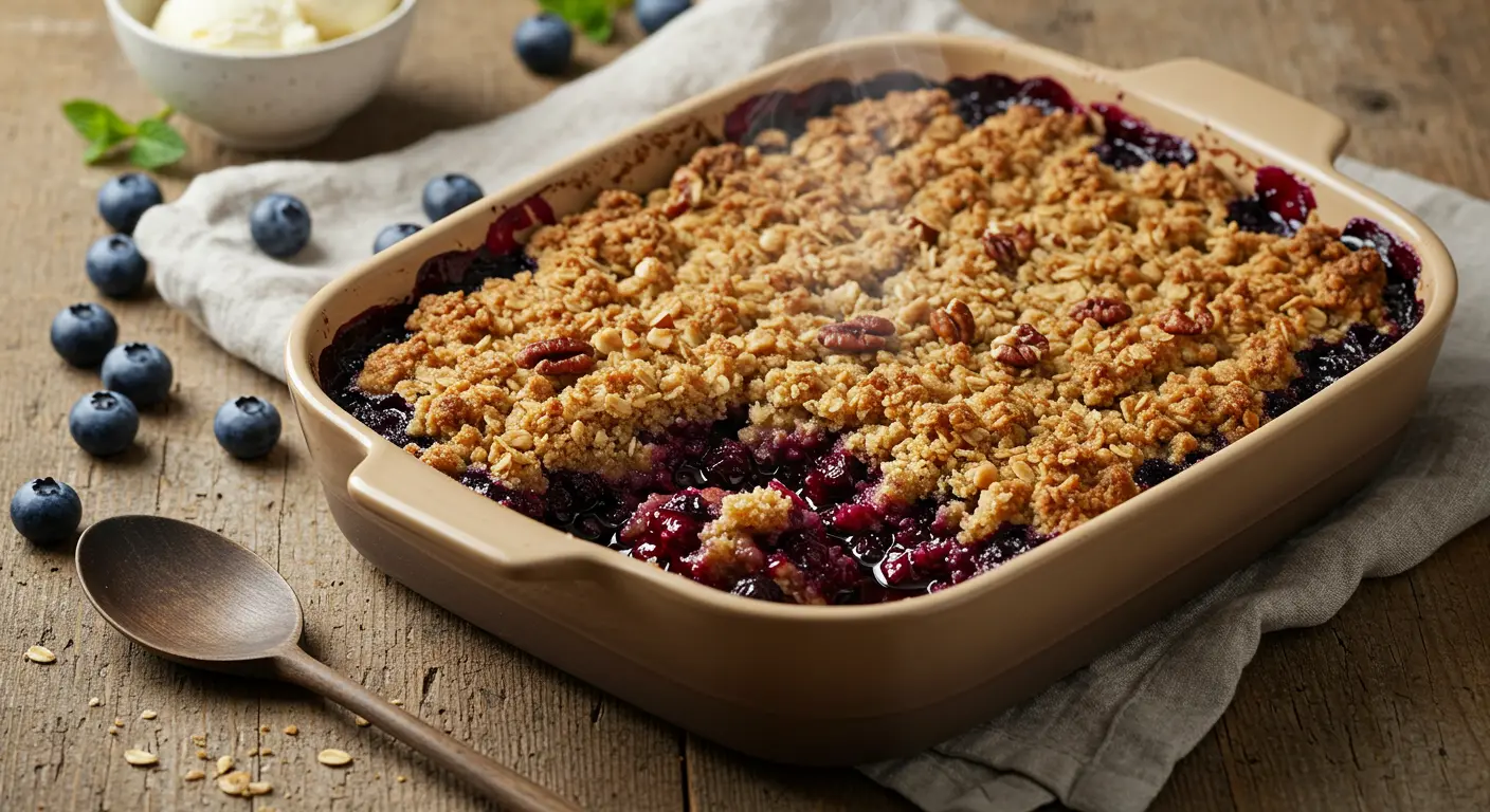 Freshly baked blueberry crisp with golden oat topping in a ceramic baking dish, surrounded by fresh blueberries and a bowl of ice cream.