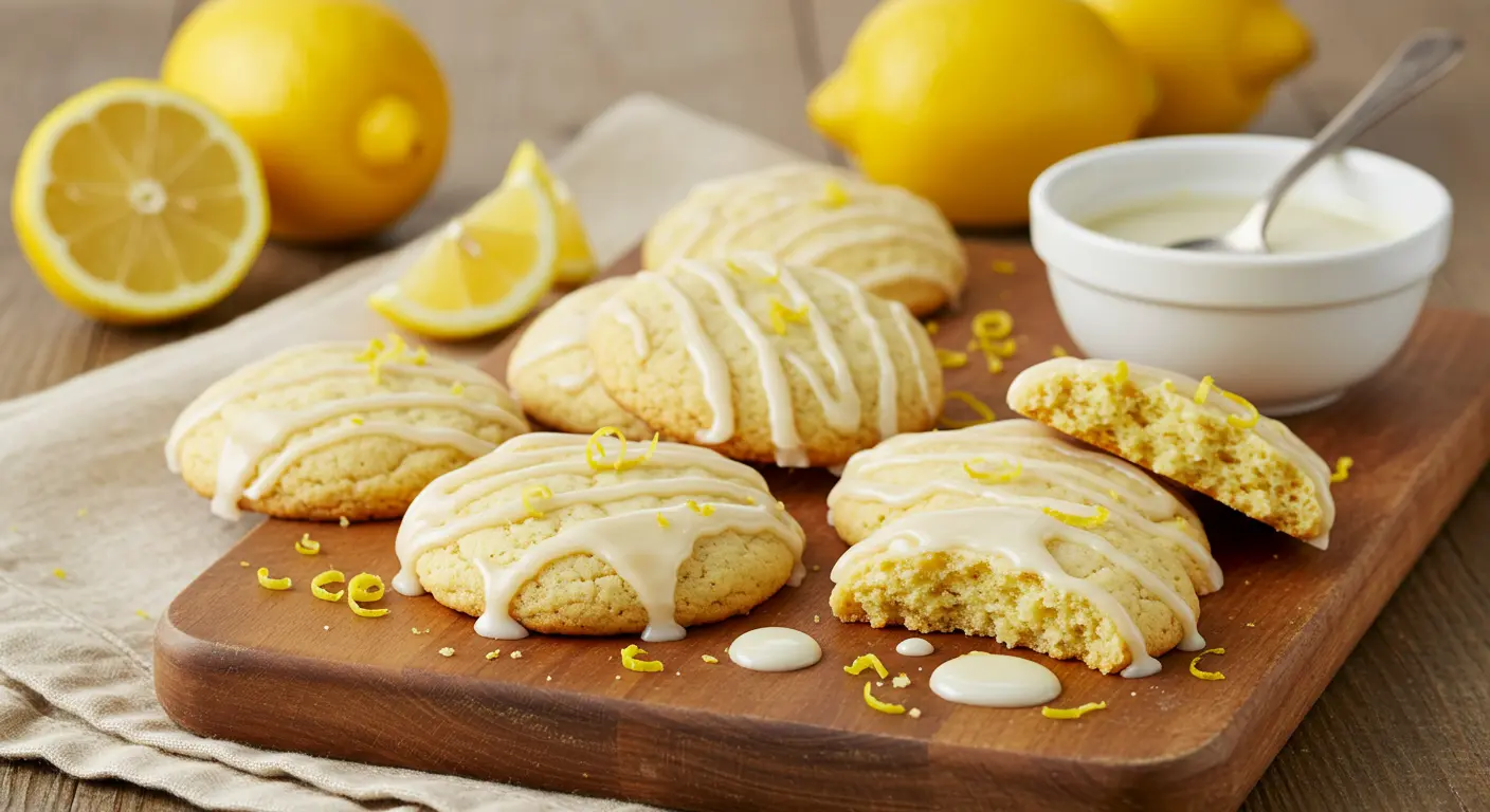 Soft lemon cookie recipe drizzled with glaze and garnished with lemon zest on a wooden board, surrounded by fresh lemons and a bowl of icing.