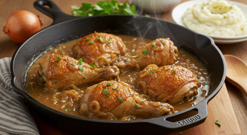 Smothered chicken recipe drumsticks in onion gravy served in a cast iron skillet with mashed potatoes on the side.