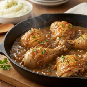 Smothered chicken recipe drumsticks in onion gravy served in a cast iron skillet with mashed potatoes on the side.