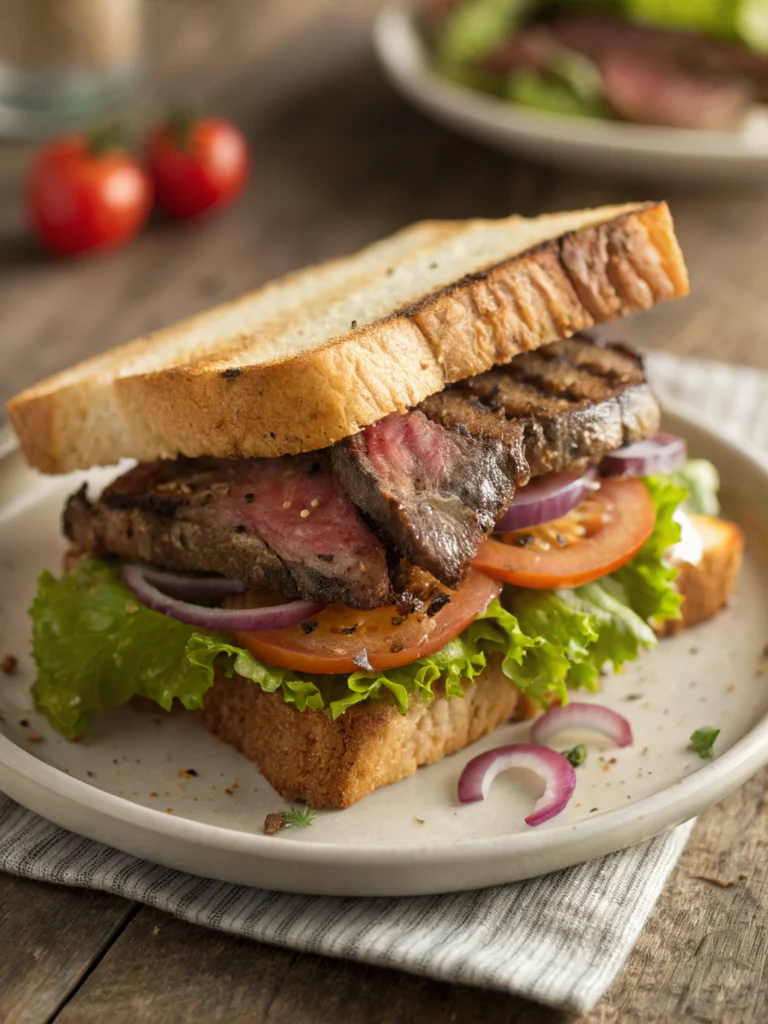 Grilled steak sandwich recipe on a toasted baguette with caramelized onions and arugula.